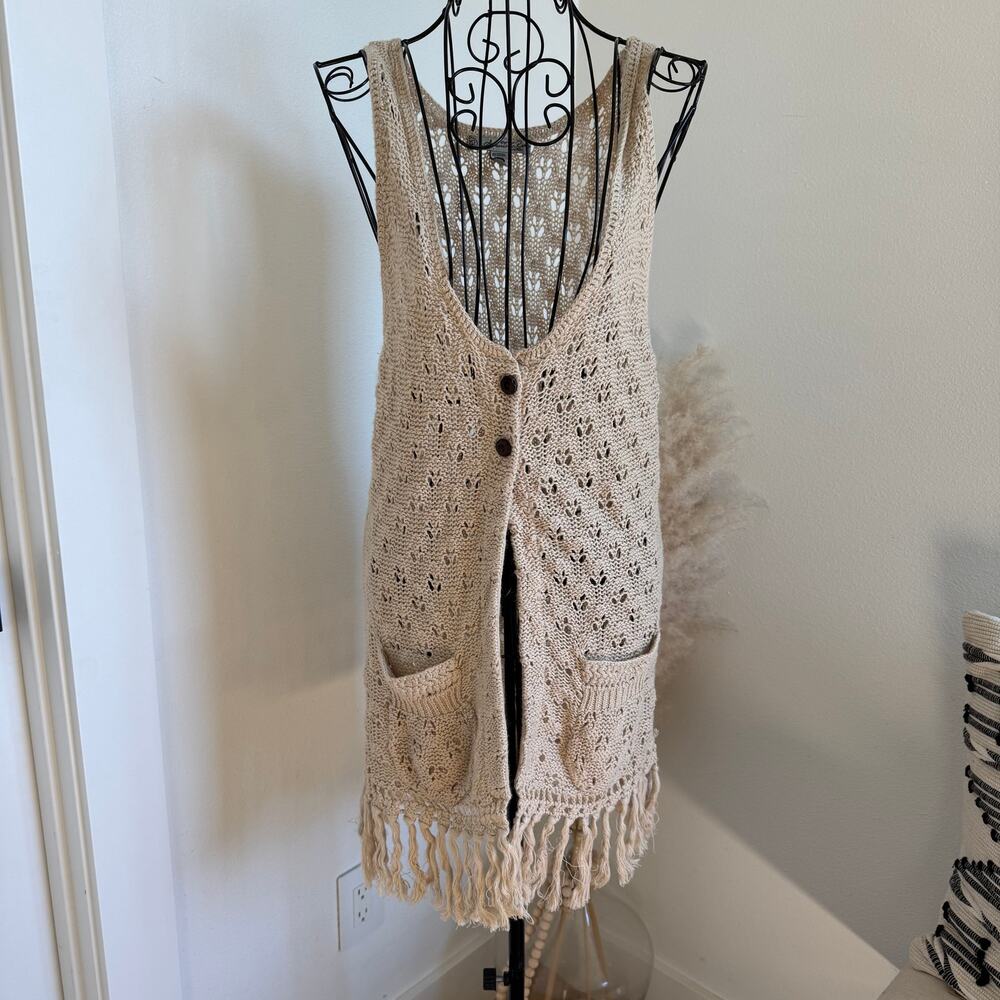 American Rag Cie Beige Crochet Knit Fringe Deep V-Neck Button Closure Boho Vest